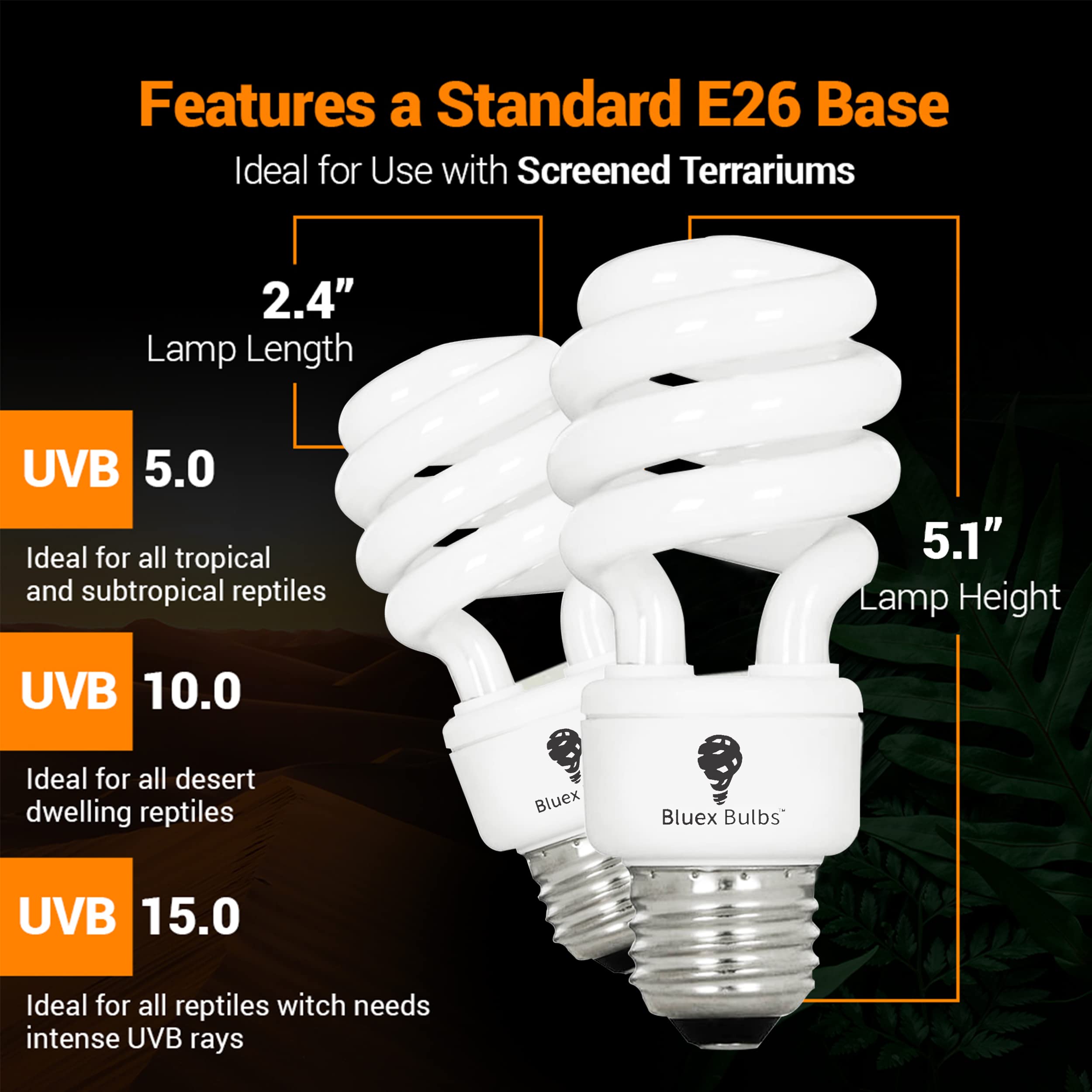 2 Pack 13-Watt Reptile Light - Intense Uva/Uvb, 15.0 Uvb, Compact Florescent, Suitable For Desert Reptiles & Amphibians, Promote